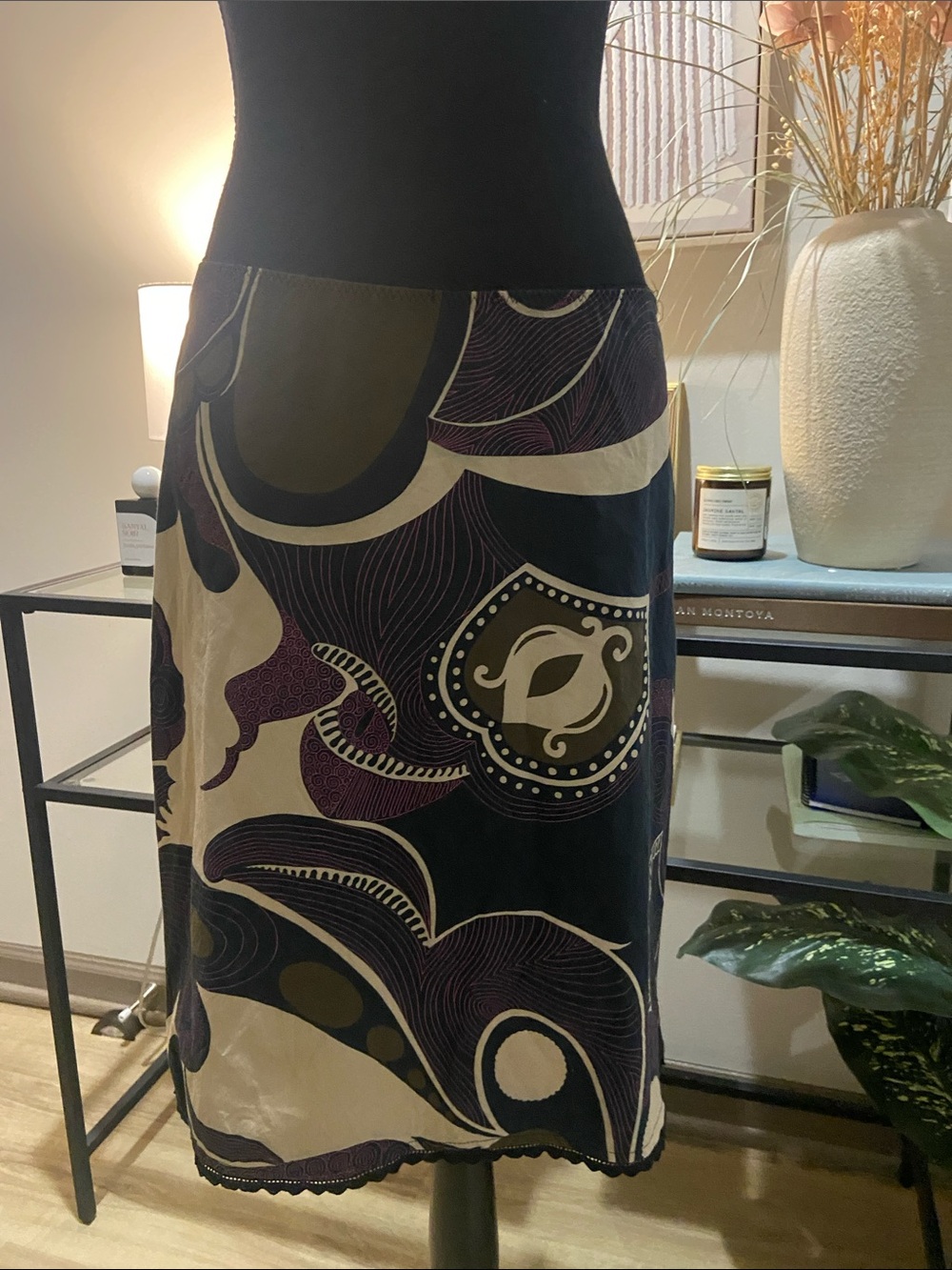 Sisley Black, Cream & Purple Abstract Midi Skirt